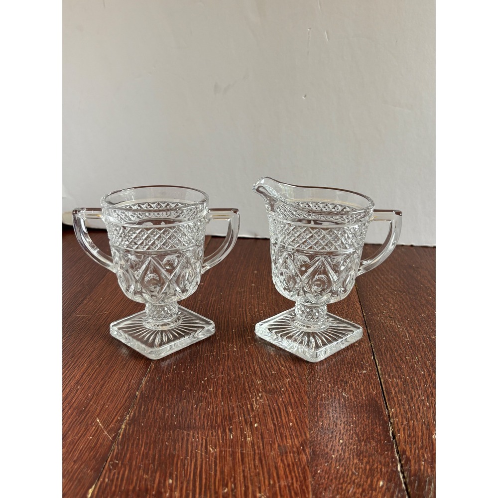 Imperial Glass Cape Cod Clear Pressed Glass Creamer and Sugar Bowl‎ Set Vintage